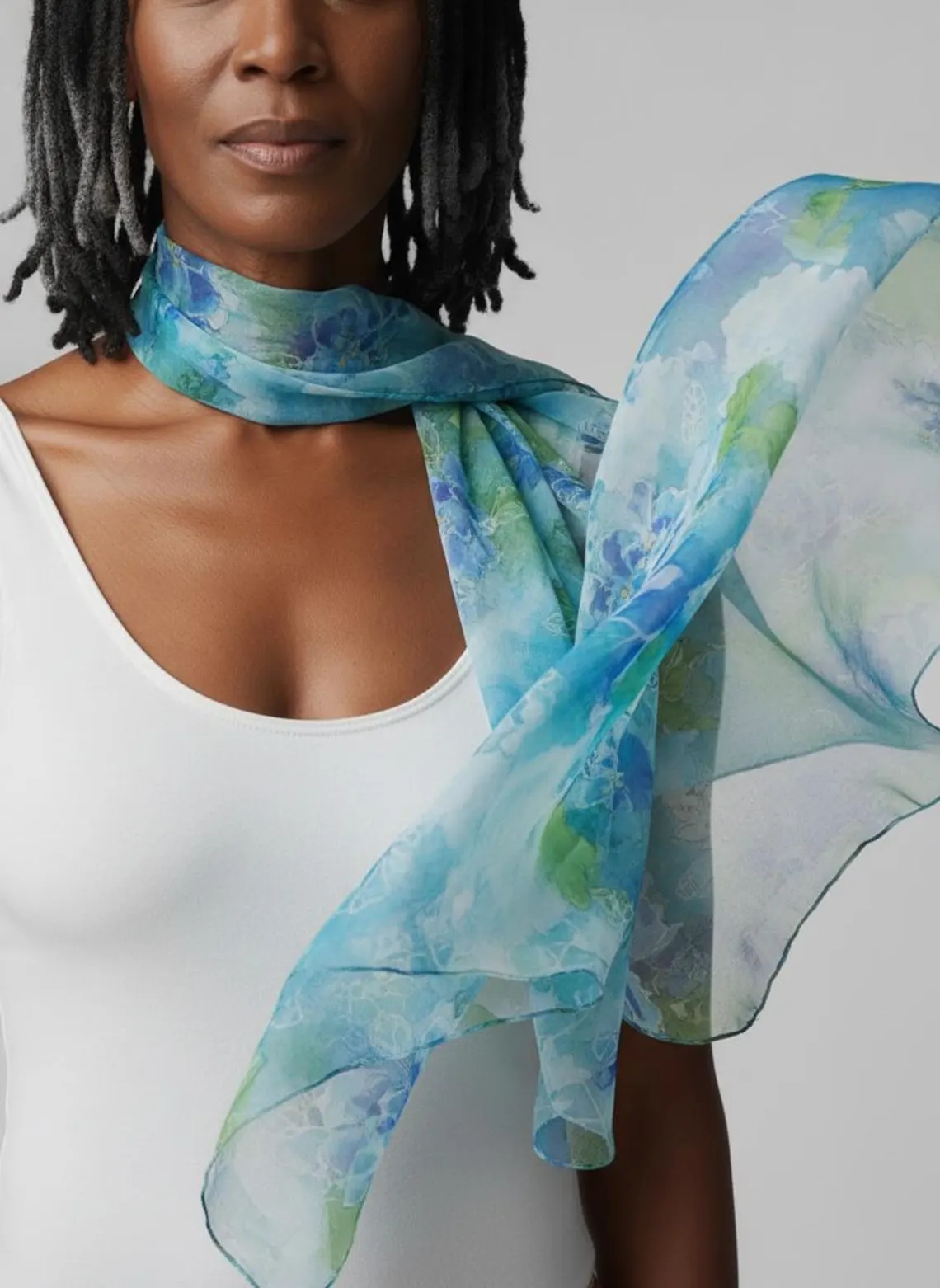 Luxury Silk Scarf, Hand Painted Turquoise Floral Wrap, Aqua Blue Rose Womens Scarf Gift, Lightweight Elegant Scarf for Her