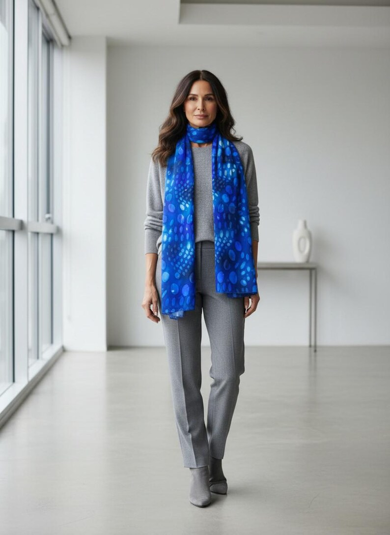 Luxury Silk Scarf, Hand Painted Sapphire Blue Wrap, Abstract Pebble Womens Scarf Gift, Lightweight Elegant Scarf for Her