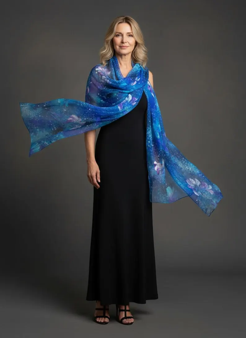 Luxury Silk Scarf, Hand Painted Blue Floral Wrap, Sheer Watercolour Womens Scarf Gift, Lightweight Elegant Scarf for Her