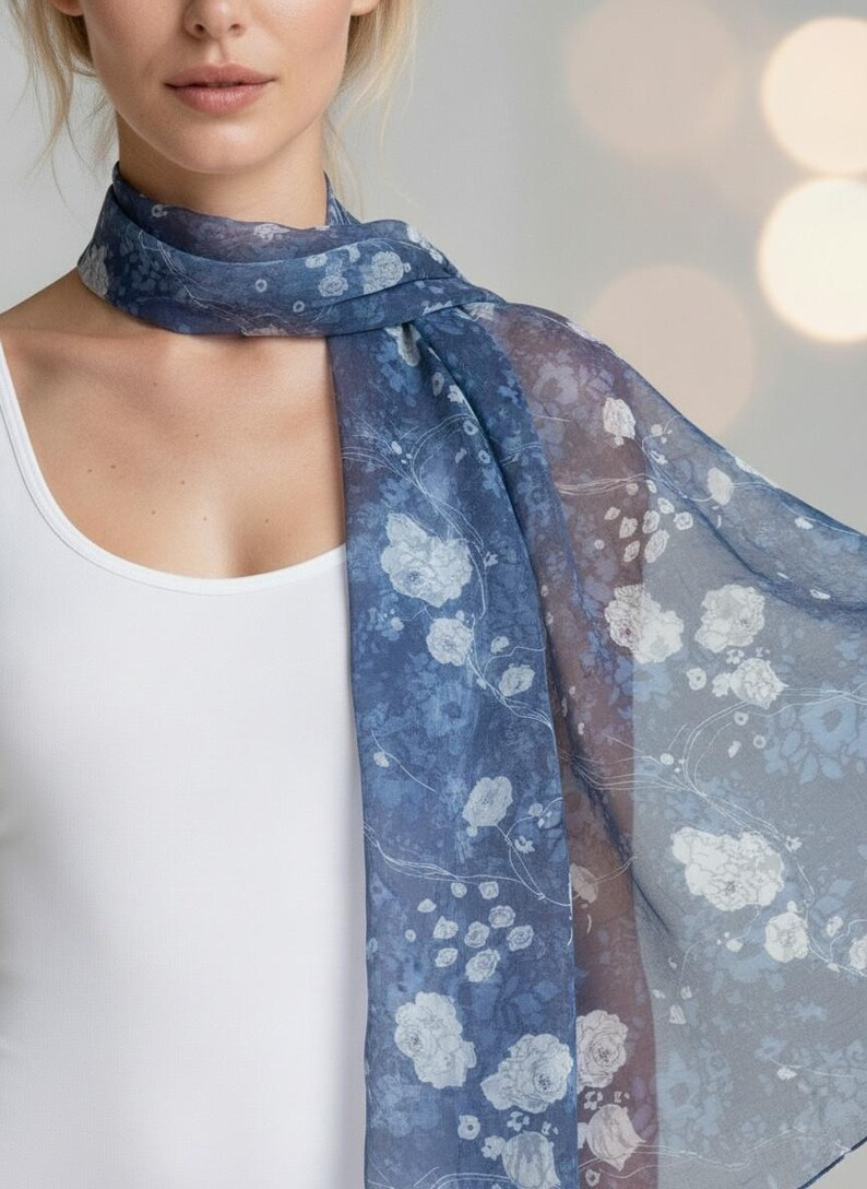 Luxury Silk Scarf, Hand Painted Navy Floral Wrap, Indigo Rose Womens Scarf Gift, Lightweight Elegant Scarf for Her