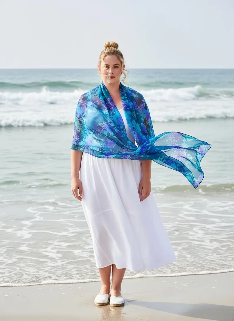 Luxury Silk Scarf, Hand Painted Teal Blue Wrap, Jewel Tone Peacock Womens Scarf Gift, Lightweight Elegant Scarf for Her