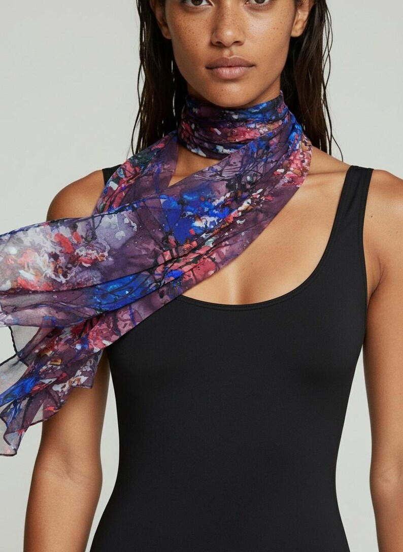 Luxury Silk Scarf, Hand Painted Abstract Art Wrap, Plum Blue Coral Womens Scarf Gift, Statement Lightweight Scarf for Her
