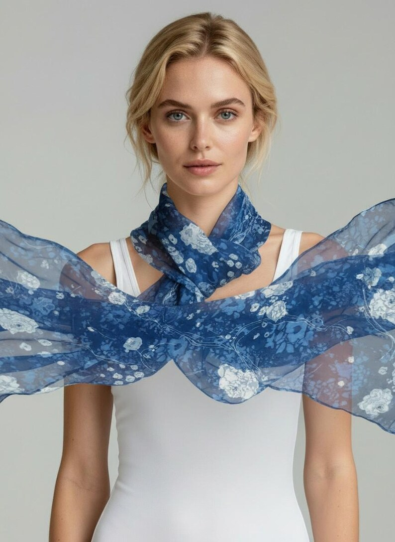 Luxury Silk Scarf, Hand Painted Navy Floral Wrap, Indigo Rose Womens Scarf Gift, Lightweight Elegant Scarf for Her