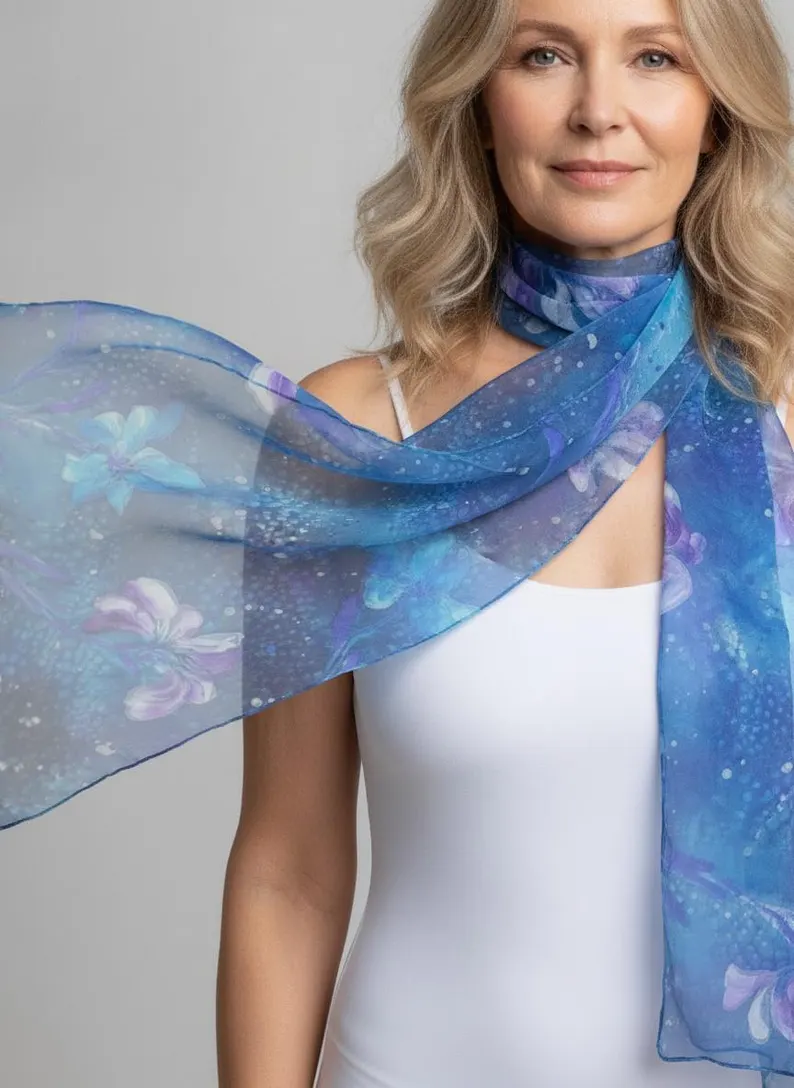 Luxury Silk Scarf, Hand Painted Blue Floral Wrap, Sheer Watercolour Womens Scarf Gift, Lightweight Elegant Scarf for Her