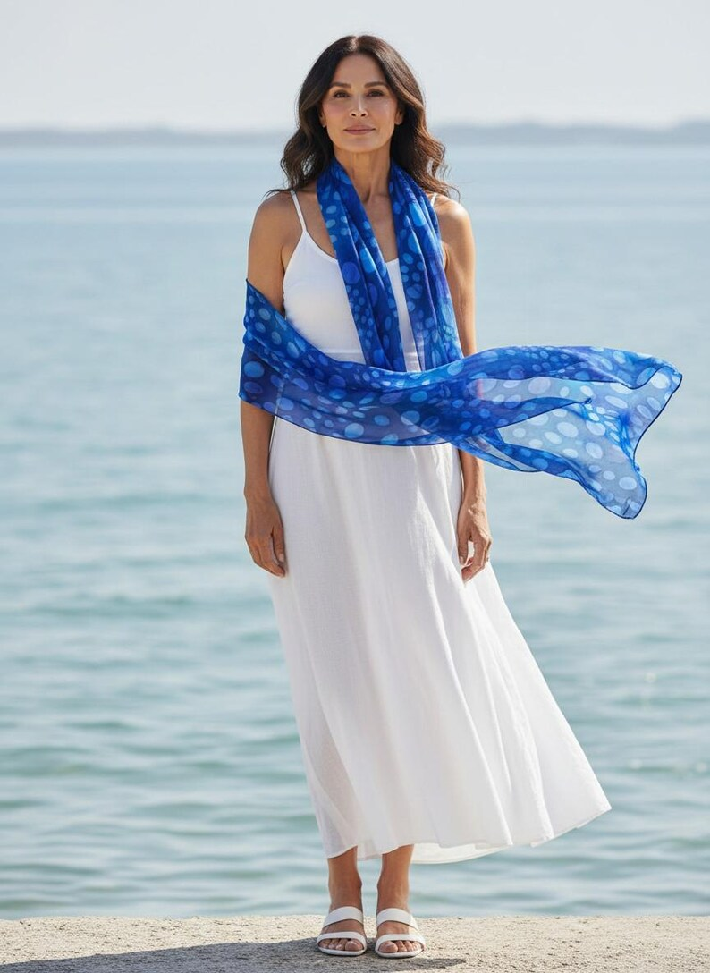 Luxury Silk Scarf, Hand Painted Sapphire Blue Wrap, Abstract Pebble Womens Scarf Gift, Lightweight Elegant Scarf for Her