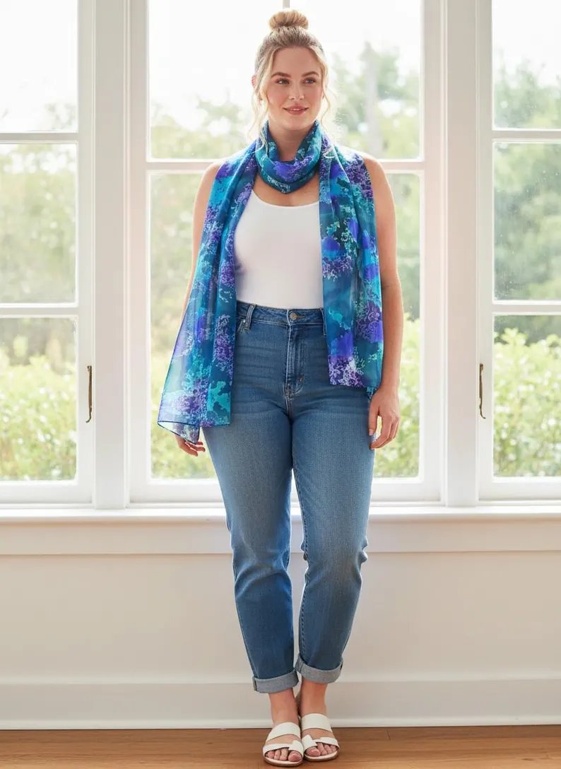 Luxury Silk Scarf, Hand Painted Teal Blue Wrap, Jewel Tone Peacock Womens Scarf Gift, Lightweight Elegant Scarf for Her