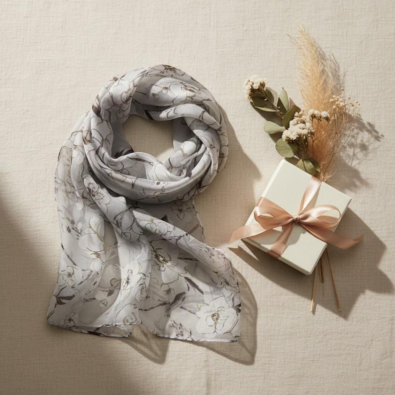 Luxury Silk Scarf, Hand Painted Ivory Floral Wrap, Sheer Magnolia Womens Scarf Gift, Lightweight Elegant Scarf for Her