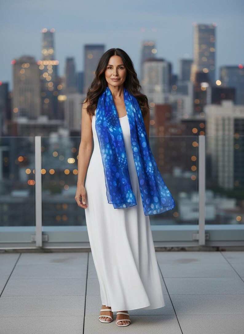 Luxury Silk Scarf, Hand Painted Sapphire Blue Wrap, Abstract Pebble Womens Scarf Gift, Lightweight Elegant Scarf for Her