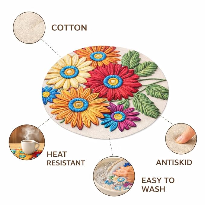 Jute Cotton Round Table Mats Set of 4 - Dining Table mat 4 Pieces Floral Printed Waterproof, Elegant and Durable for Dining Table