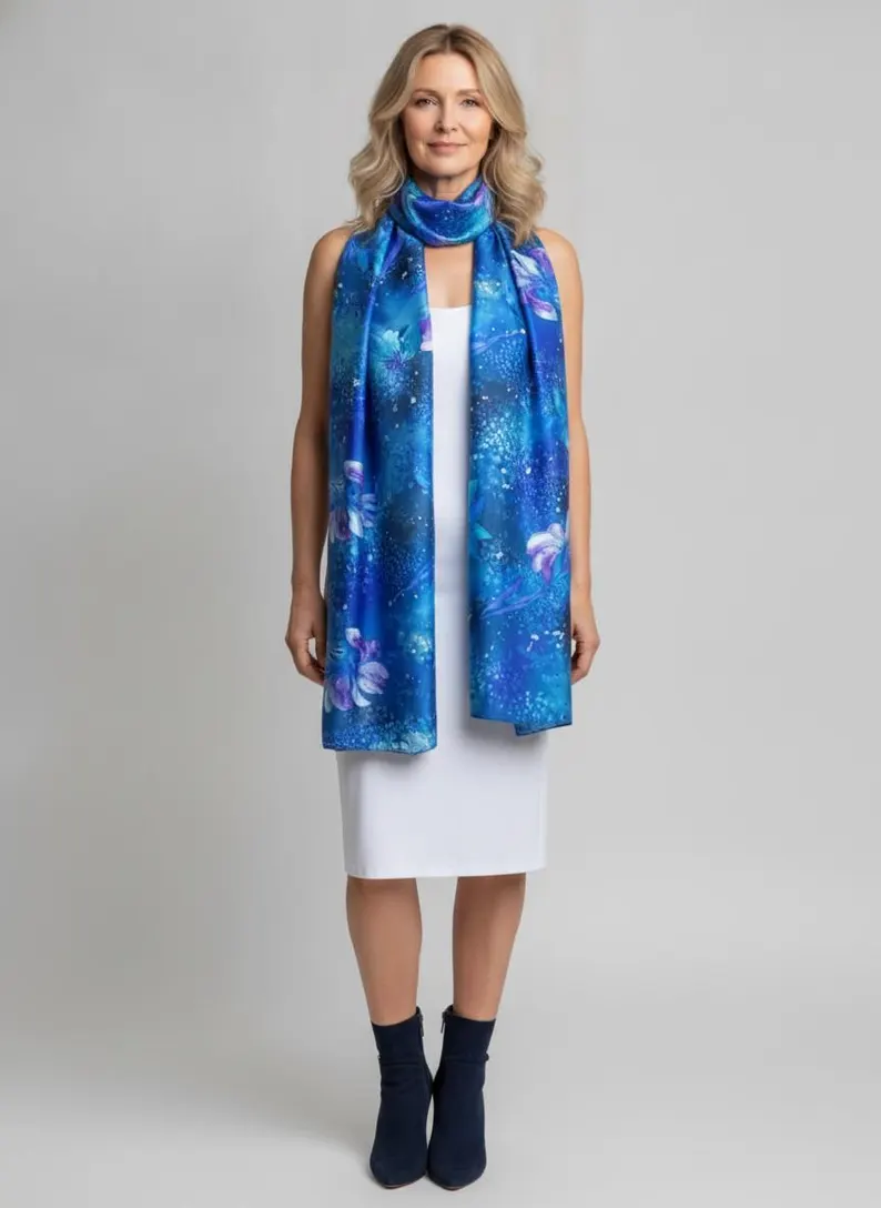 Luxury Silk Scarf, Hand Painted Blue Floral Wrap, Sheer Watercolour Womens Scarf Gift, Lightweight Elegant Scarf for Her