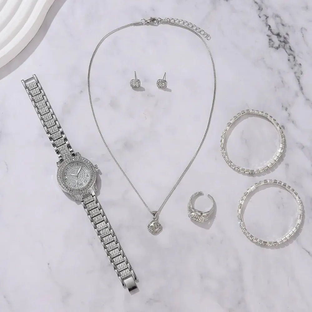 6PCS Women Watch Luxury Elegant Alloy Watch Crystal Wristwatch For Ladies Gift Quartz Watch Alloy Rhinestone Bracelet Montre - Ammpoure