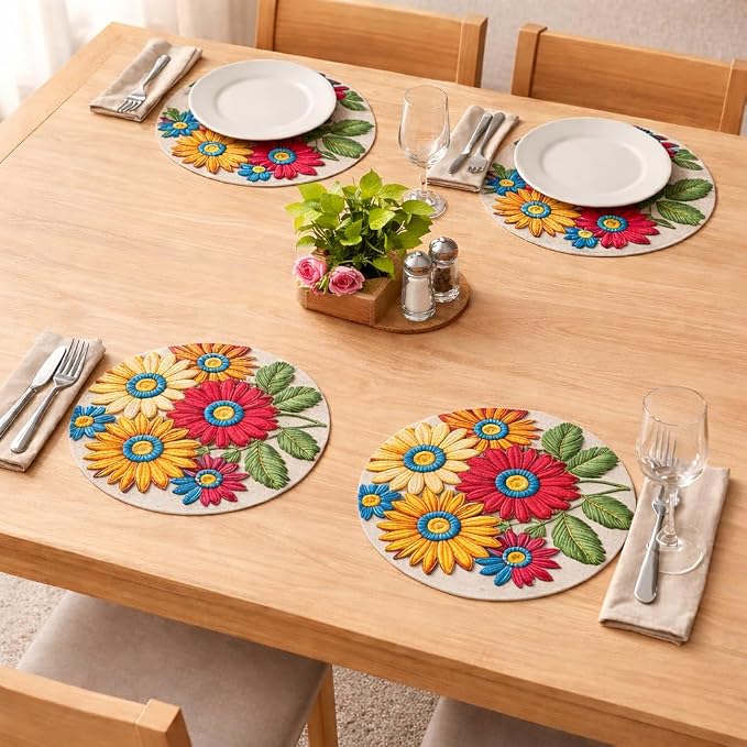 Jute Cotton Round Table Mats Set of 4 - Dining Table mat 4 Pieces Floral Printed Waterproof, Elegant and Durable for Dining Table