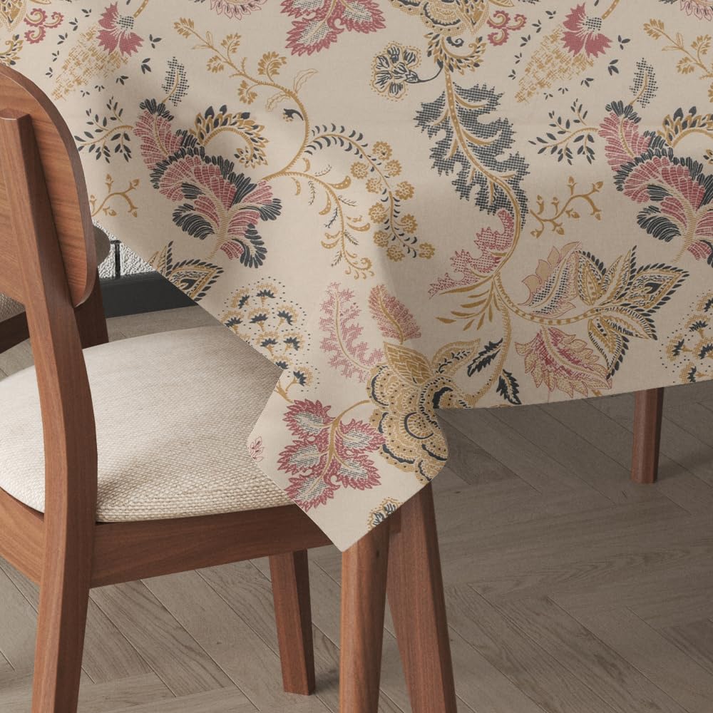 Dining Table Cloth 6 Seater | Size 140 X 225 CM | 100% Cotton Centre Table Cover | Beige Floral Style Print | Dining Table & Centre Table Cover (Beige Floral, 6 Seater)