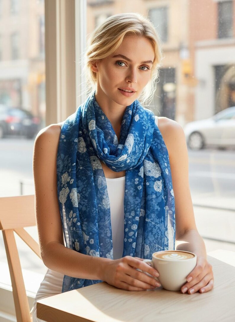 Luxury Silk Scarf, Hand Painted Navy Floral Wrap, Indigo Rose Womens Scarf Gift, Lightweight Elegant Scarf for Her