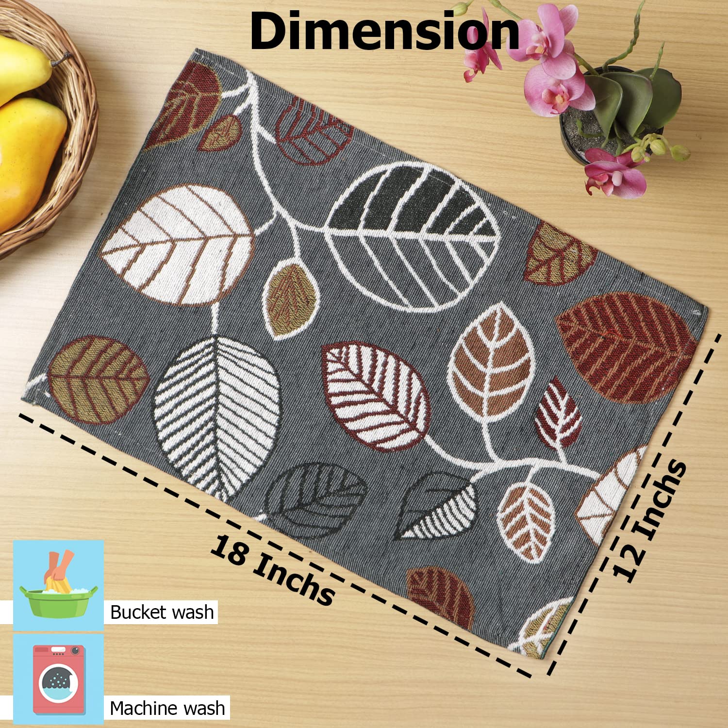 Cotton Jacquard Dinner Table Placemats Set of 4 (31 x 46 cm) Grey Leaves