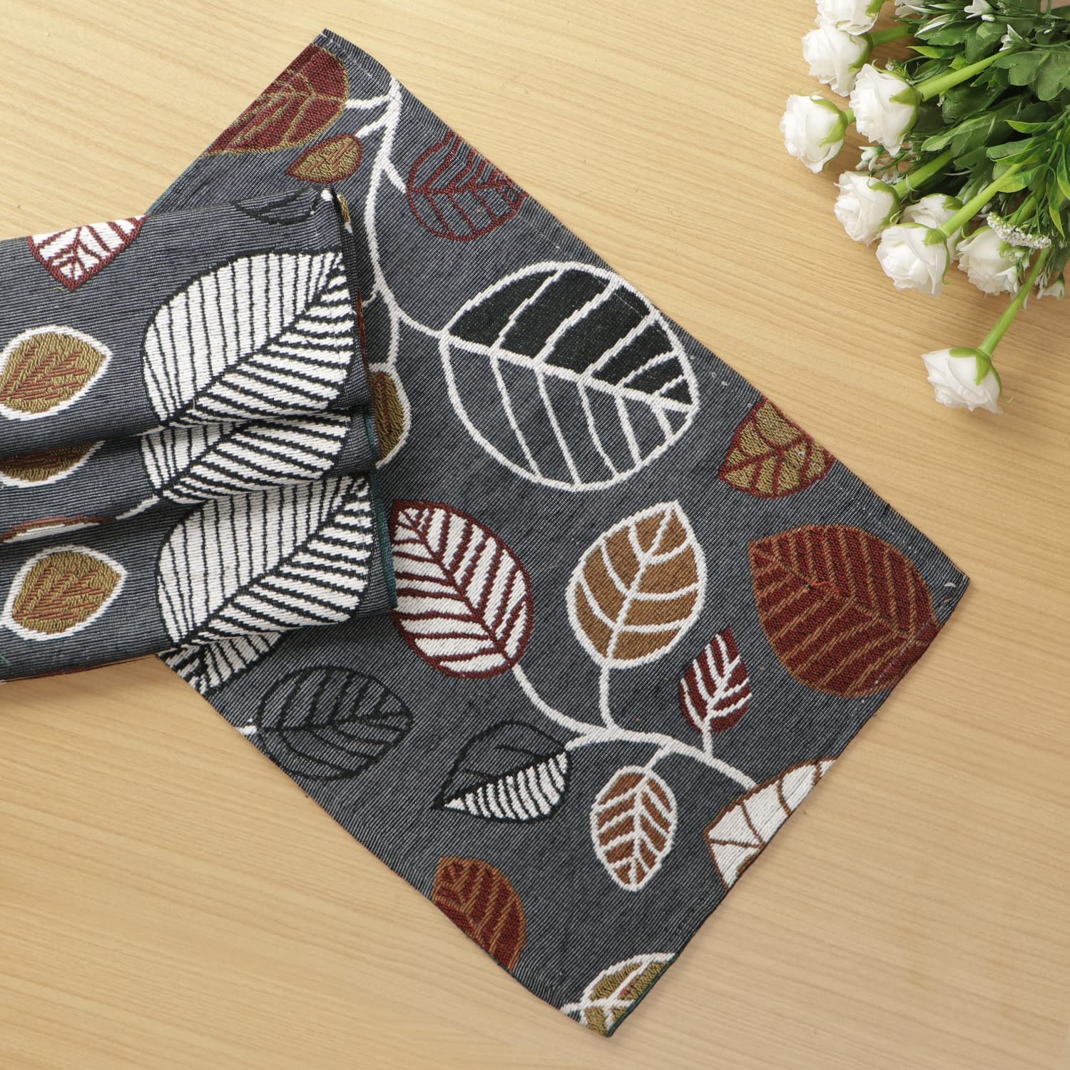 Cotton Jacquard Dinner Table Placemats Set of 4 (31 x 46 cm) Grey Leaves