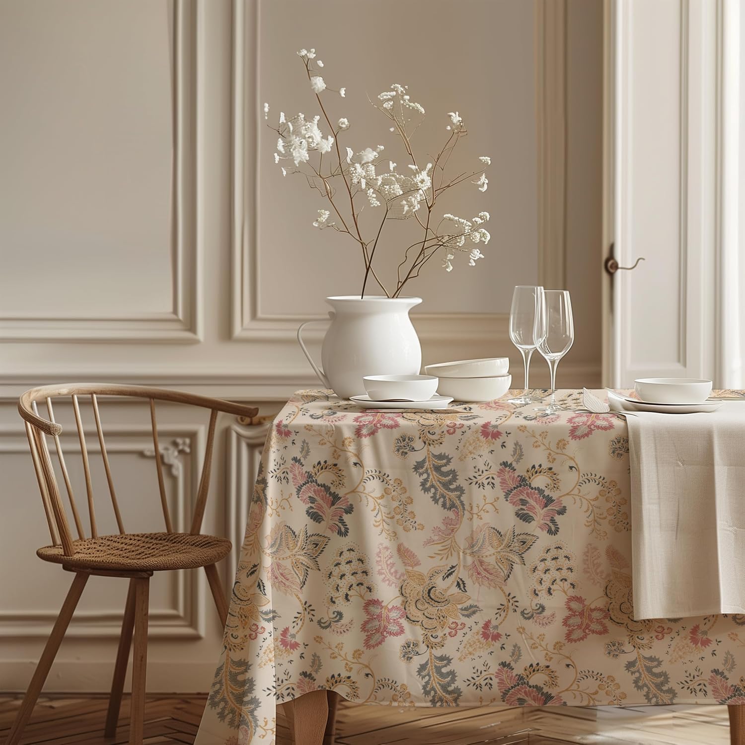 Dining Table Cloth 6 Seater | Size 140 X 225 CM | 100% Cotton Centre Table Cover | Beige Floral Style Print | Dining Table & Centre Table Cover (Beige Floral, 6 Seater)