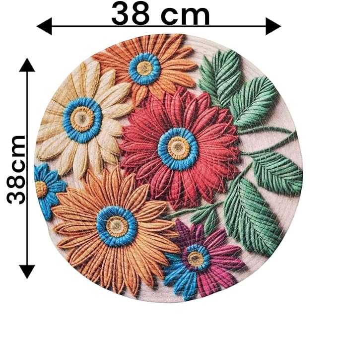 Jute Cotton Round Table Mats Set of 4 - Dining Table mat 4 Pieces Floral Printed Waterproof, Elegant and Durable for Dining Table