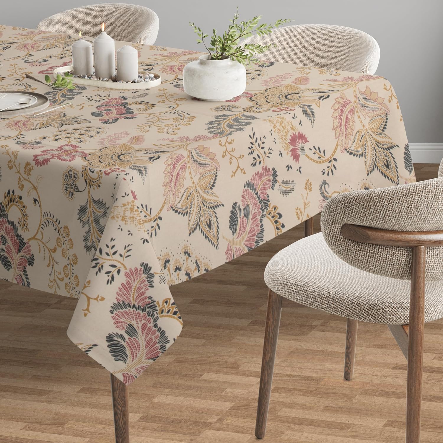 Dining Table Cloth 6 Seater | Size 140 X 225 CM | 100% Cotton Centre Table Cover | Beige Floral Style Print | Dining Table & Centre Table Cover (Beige Floral, 6 Seater)
