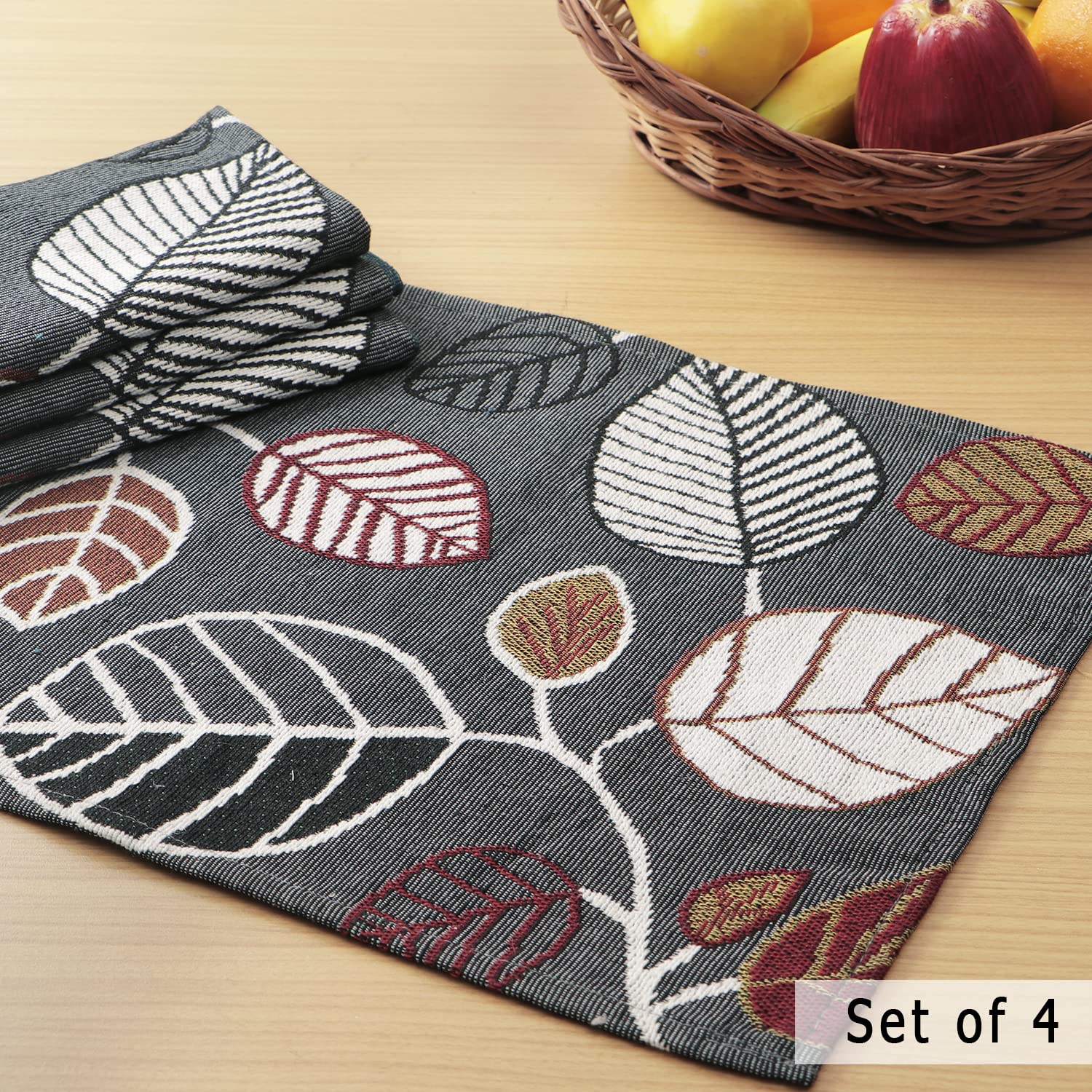 Cotton Jacquard Dinner Table Placemats Set of 4 (31 x 46 cm) Grey Leaves