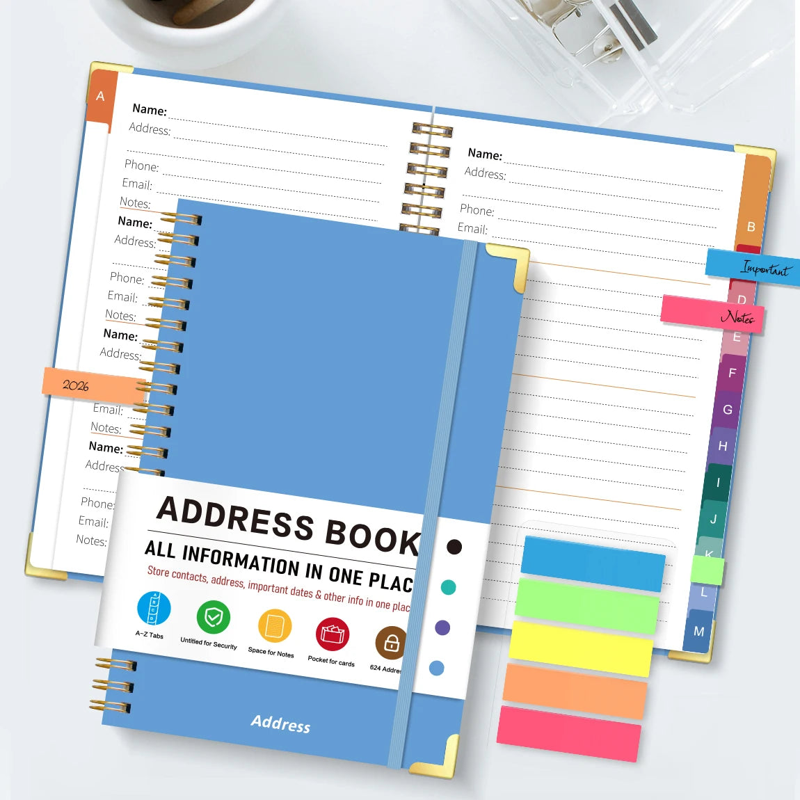 1PC Blue A5 Address Book USA Spiral Hardcover Contact Keeper with A-Z Tabs, Elastic Closure, Pocket & Notes Pages