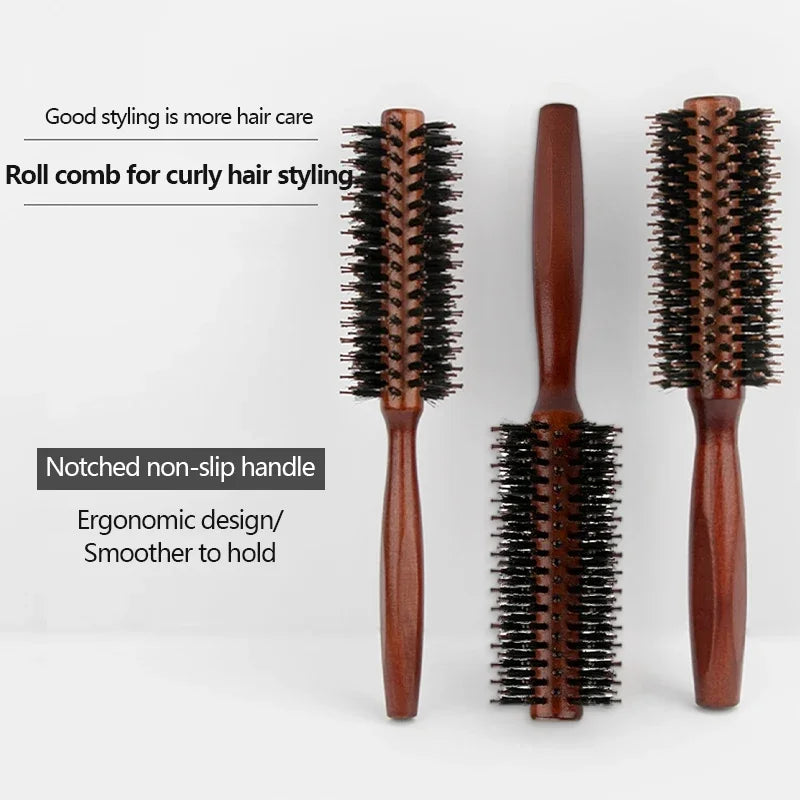 Boar Bristle Curly Hair Brush USA Women’s Wooden Anti-Static Roller Hairbrush for Barber, Salon Styling & Hairdressing Tools