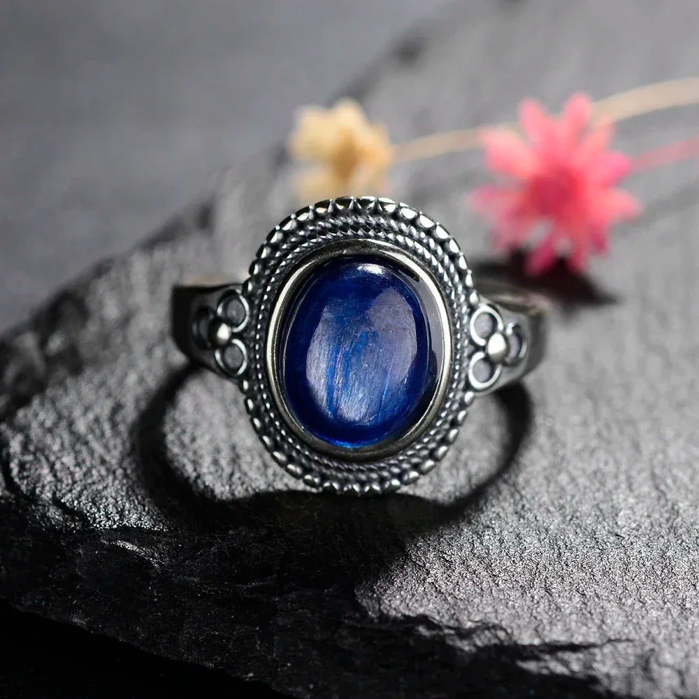 USA Sterling Silver 925 Vintage Rings Oval 8X10mm Rings Black Onyx Natural Fine Jewelry For Men Women Rhodochrosite Rings