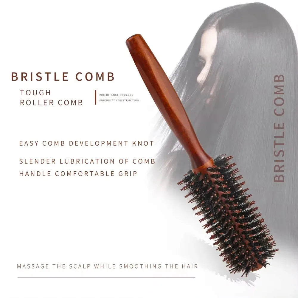 Boar Bristle Curly Hair Brush USA Women’s Wooden Anti-Static Roller Hairbrush for Barber, Salon Styling & Hairdressing Tools