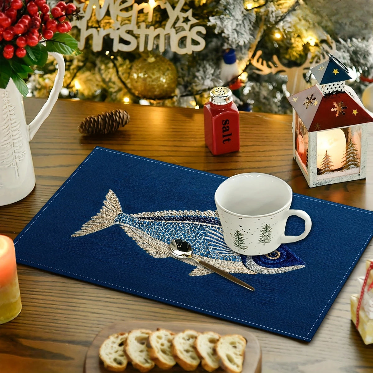 Modern Art Placemats USA 2D Flat Fish Pattern Embroidery-Style Blue Linen Table Mats for Kitchen Table Decor