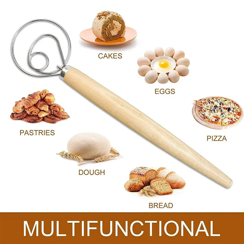 USA Cake Tools Danish Dough Whisk Stainless Steel Dutch Bread Dough Hand Mixer Wooden Handle Kitchen Baking Tools Artisian Blender