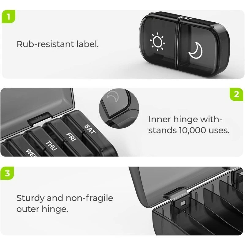 7-Day Pill Organizer USA 14/21 Compartment Detachable AM/PM Pill Box with Individual Compartments & Privacy Protection