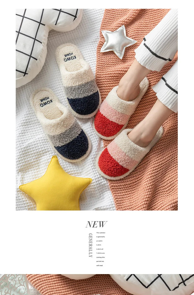 Non-Slip Plush House Slippers USA Women & Men Winter Couple Fuzzy Slippers, Thick-Sole Fleece-Lined Warm Indoor Booties