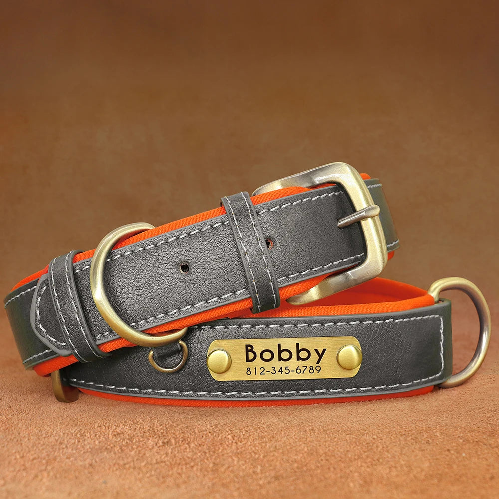 Customized PU Leather Nameplate Dog Collar Soft Padded Dogs Collars Free Engraving Name for Small Medium Large Dogs Adjustable