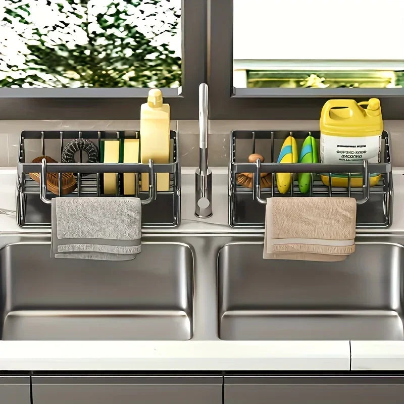 Drill-Free USA Sink Organizer Multi-Use Sponge Soap Holder Draining Rack for Kitchen Countertop Storage Waterproof Shelf 1PC
