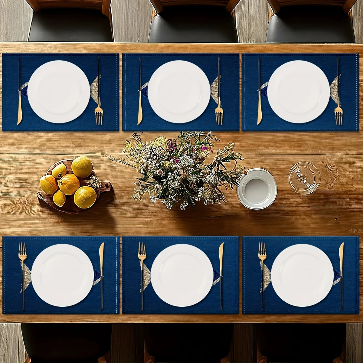 Modern Art Placemats USA 2D Flat Fish Pattern Embroidery-Style Blue Linen Table Mats for Kitchen Table Decor