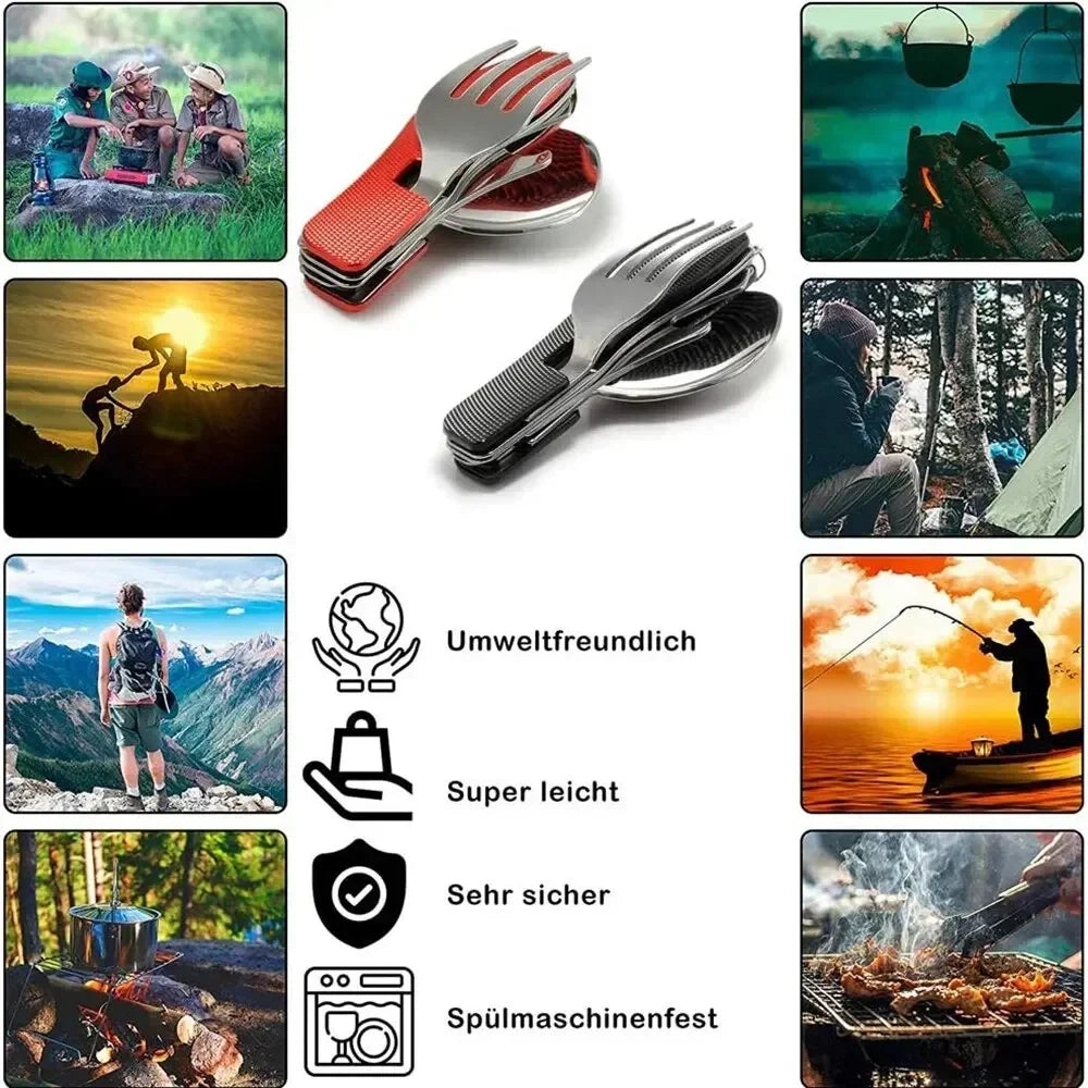 4-in-1 Foldable USA Cutlery Set, Stainless Steel Camping Utensil with Knife Fork Spoon Bottle Opener, Portable for Outdoor Travel