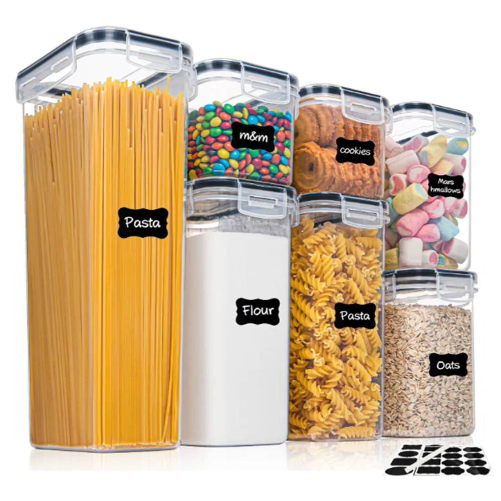 7PCS Kitchen Food Containers Set USA BPA-Free Plastic Airtight Storage Boxes with 10 Stickers & Pen