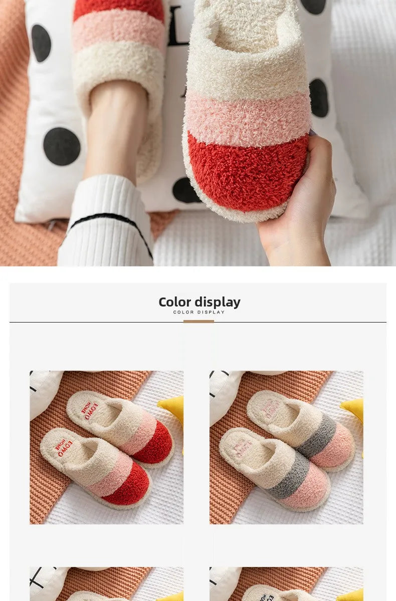 Non-Slip Plush House Slippers USA Women & Men Winter Couple Fuzzy Slippers, Thick-Sole Fleece-Lined Warm Indoor Booties