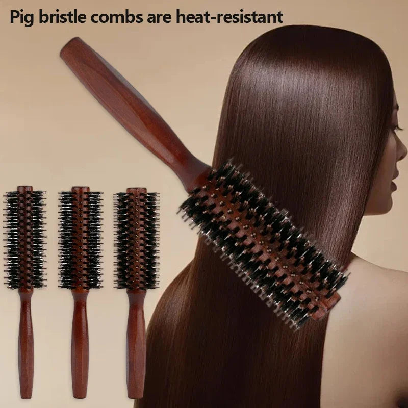 Boar Bristle Curly Hair Brush USA Women’s Wooden Anti-Static Roller Hairbrush for Barber, Salon Styling & Hairdressing Tools