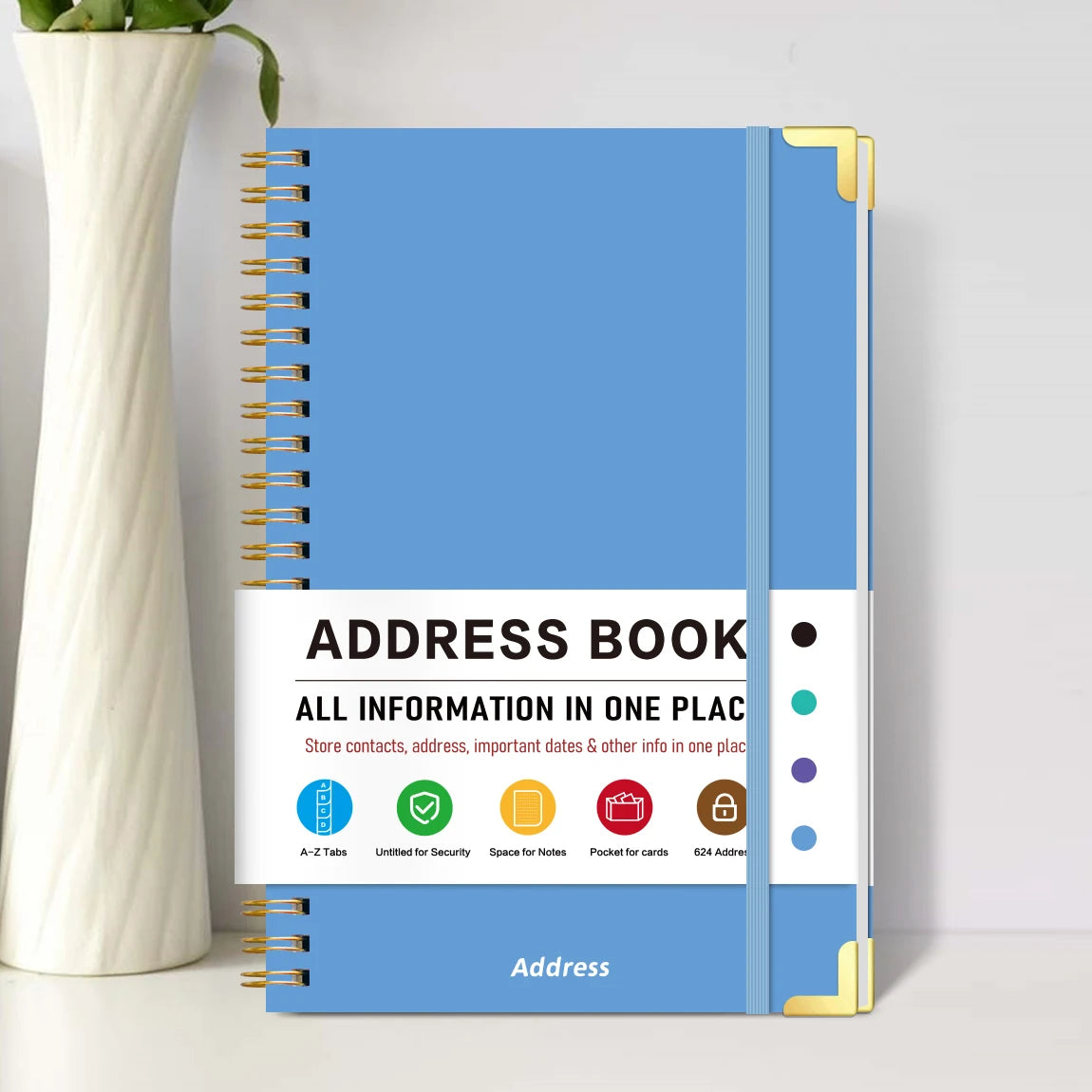 1PC Blue A5 Address Book USA Spiral Hardcover Contact Keeper with A-Z Tabs, Elastic Closure, Pocket & Notes Pages