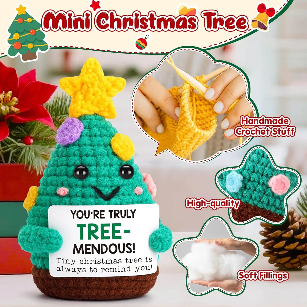 Mini Handmade USA Christmas Tree Crochet Decor Merry Inspirational Cheer Up Gifts for Sister Friends Mom Grandma Christmas Gifts