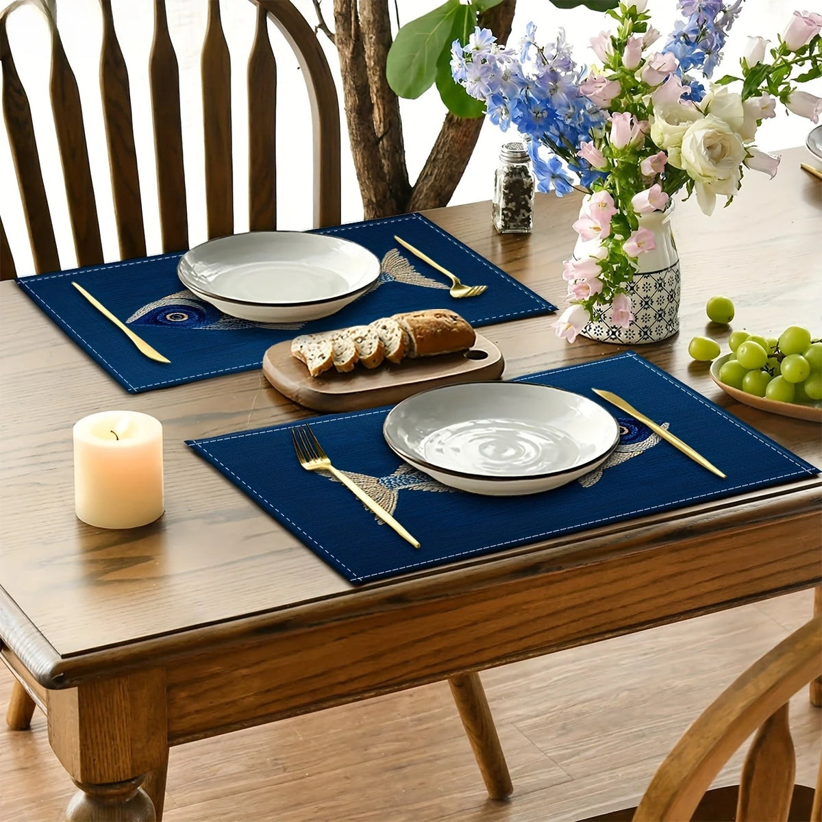 Modern Art Placemats USA 2D Flat Fish Pattern Embroidery-Style Blue Linen Table Mats for Kitchen Table Decor