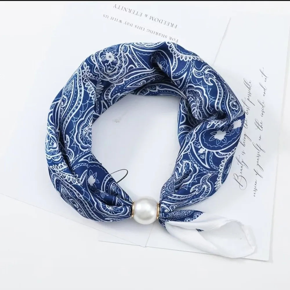 New Pearl Buckle Silk Scarf Canada Printed Thin Neck Scarf Lightweight Soft Neckerchief for Women