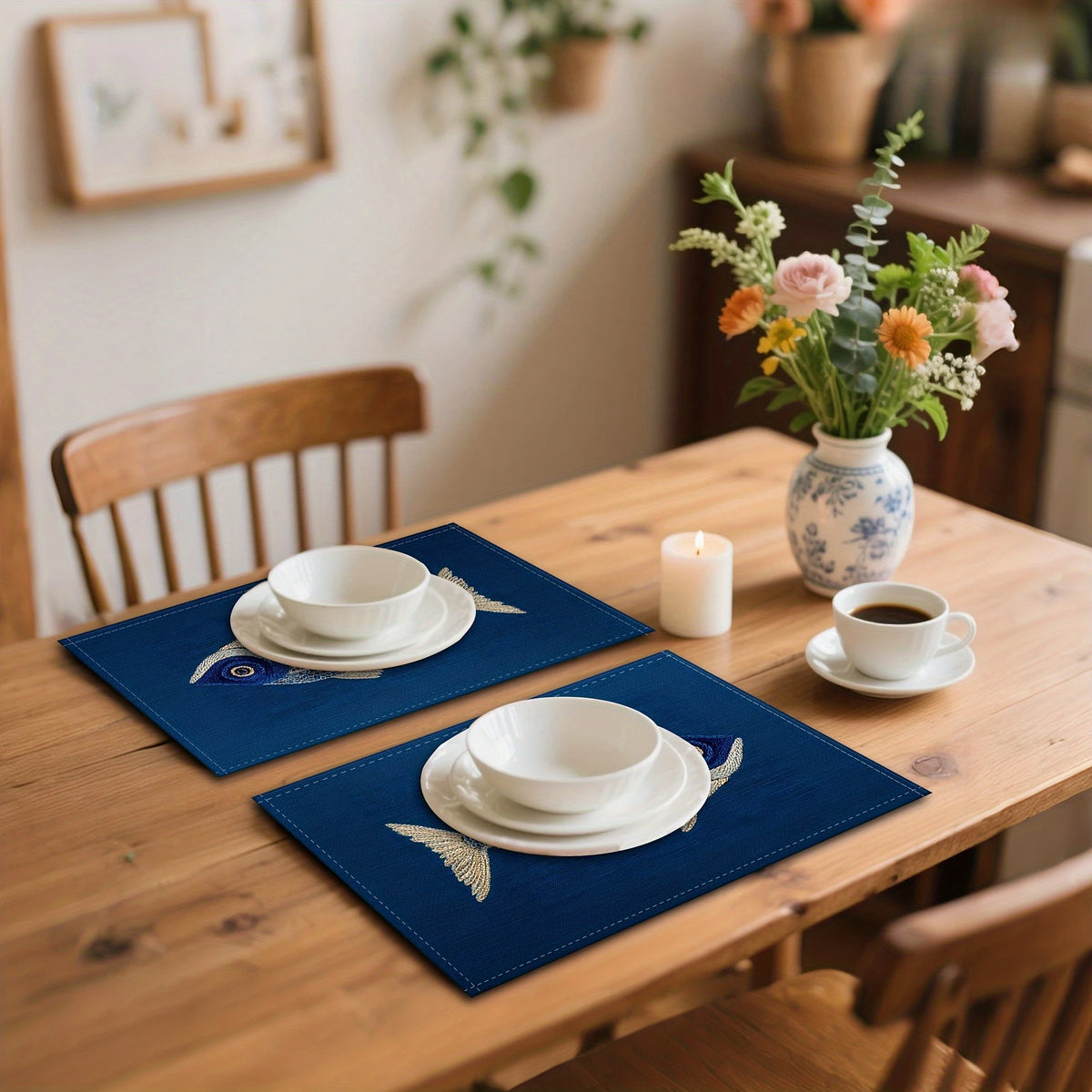 Modern Art Placemats USA 2D Flat Fish Pattern Embroidery-Style Blue Linen Table Mats for Kitchen Table Decor