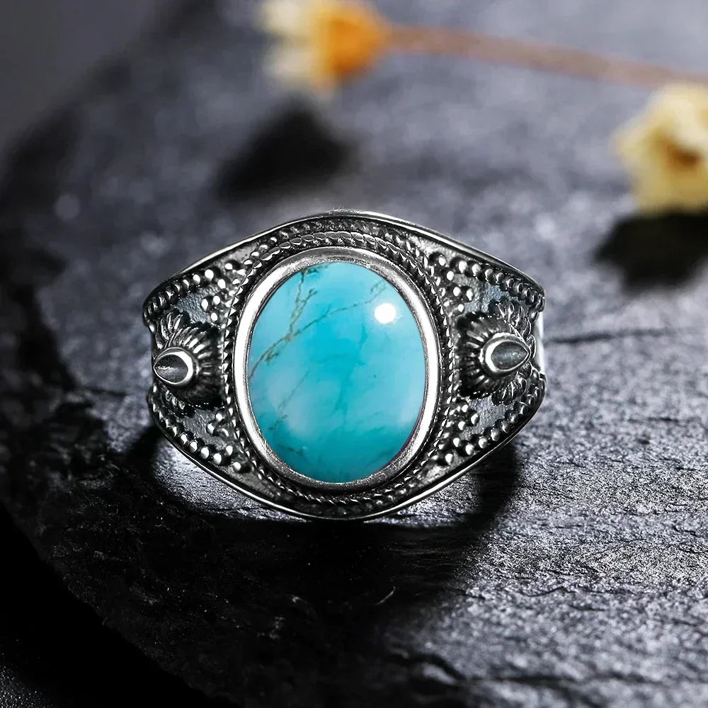 USA Sterling Silver 925 Vintage Rings Oval 8X10mm Rings Black Onyx Natural Fine Jewelry For Men Women Rhodochrosite Rings
