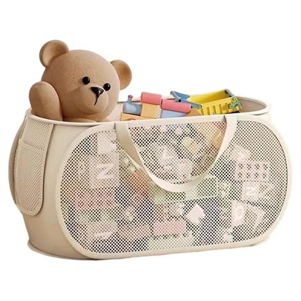 Durable Collapsible Storage Basket, Mesh Pop Up Laundry Hamper with Side Pocket,Large Toys Storage Basket Organizer Box for Kids