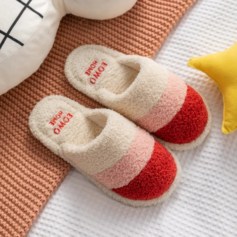 Non-Slip Plush House Slippers USA Women & Men Winter Couple Fuzzy Slippers, Thick-Sole Fleece-Lined Warm Indoor Booties