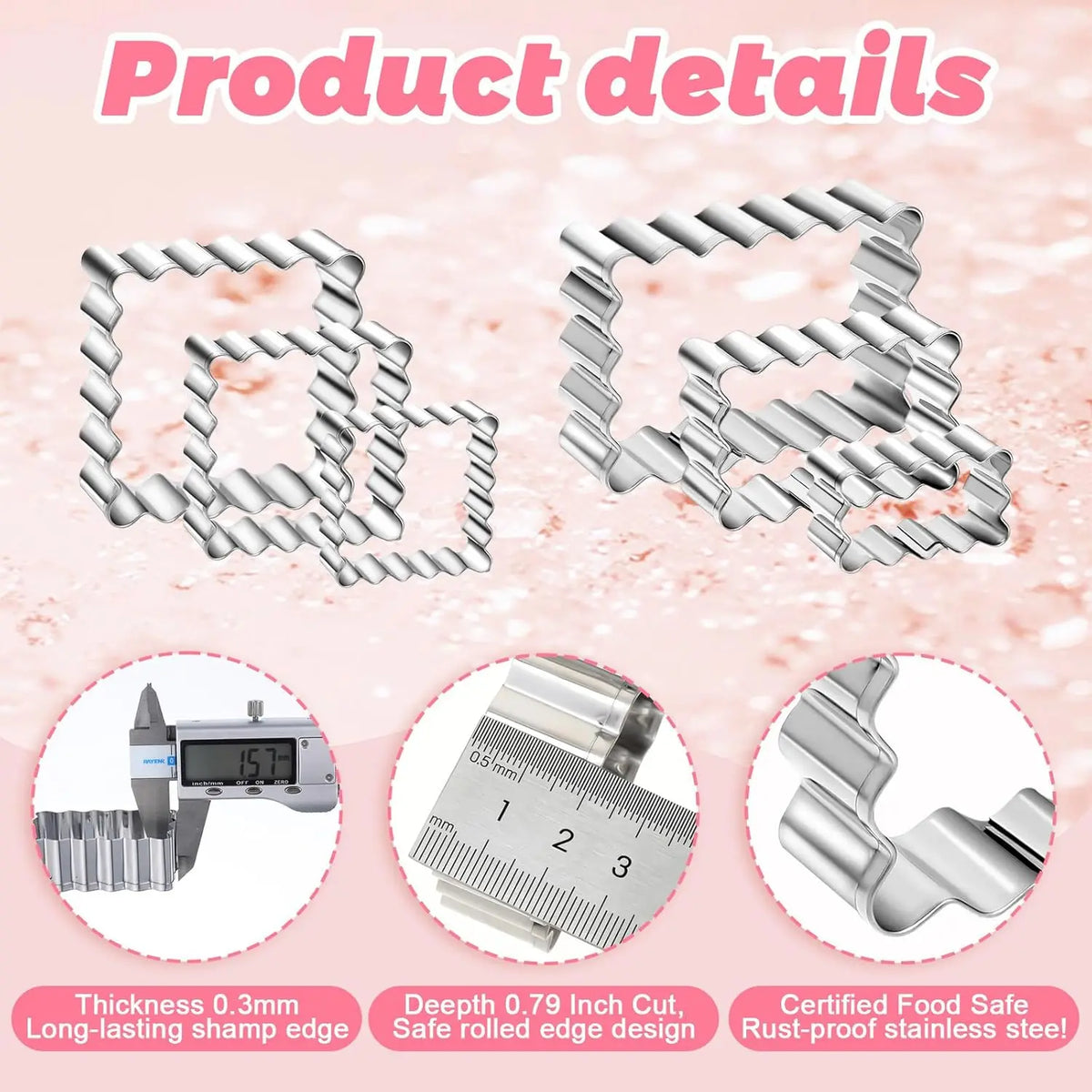 6PCS Cookie Cutter Set USA Food-Grade Stainless Steel Scalloped Square & Rectangle Shapes, Sandwich & Fondant Molds for Home Baking