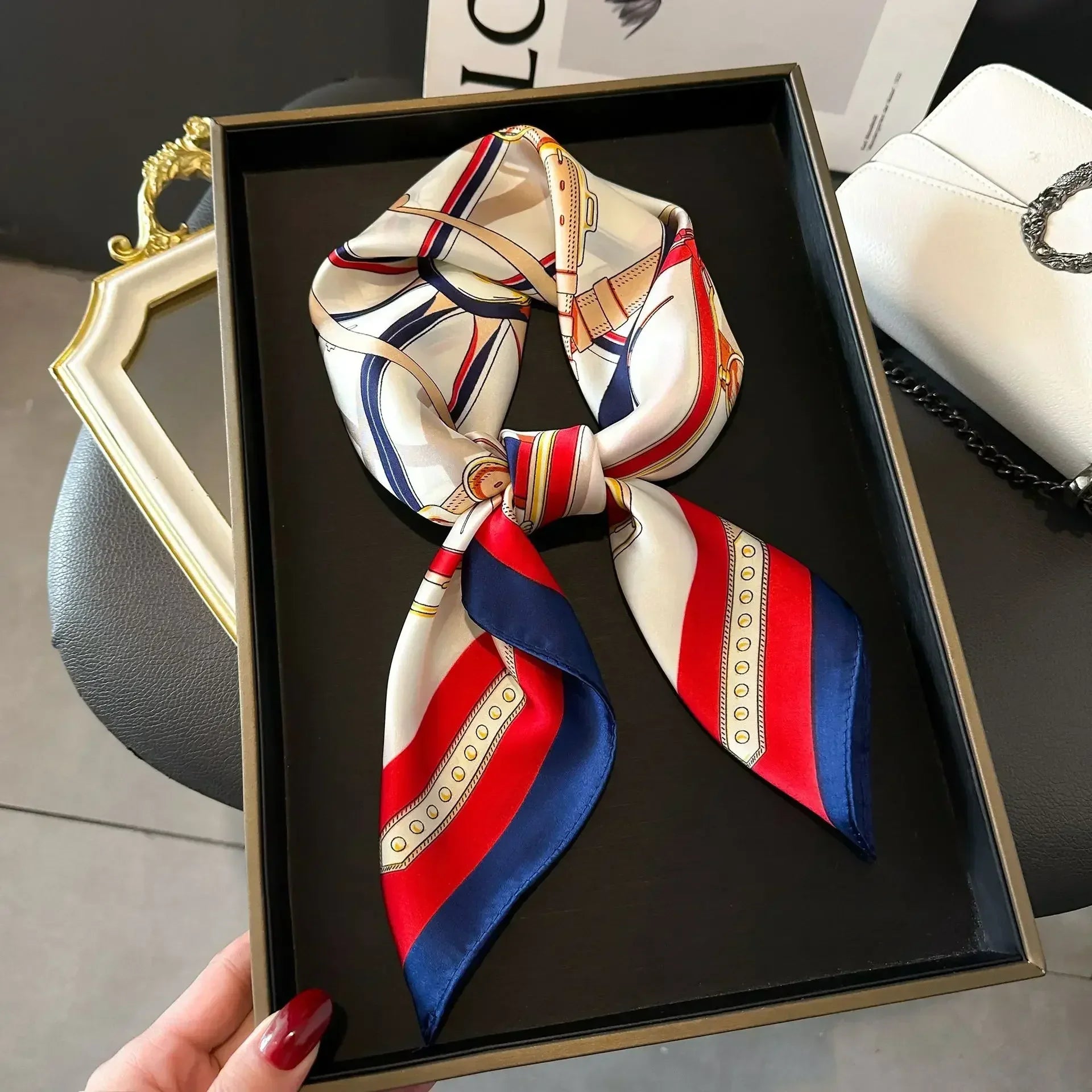 Luxury Design Print Silk Square Scarf Canada Women Soft Satin Horse Hairband Neckerchief Office Hijab Headband Foulard Bag Ribbon Gift