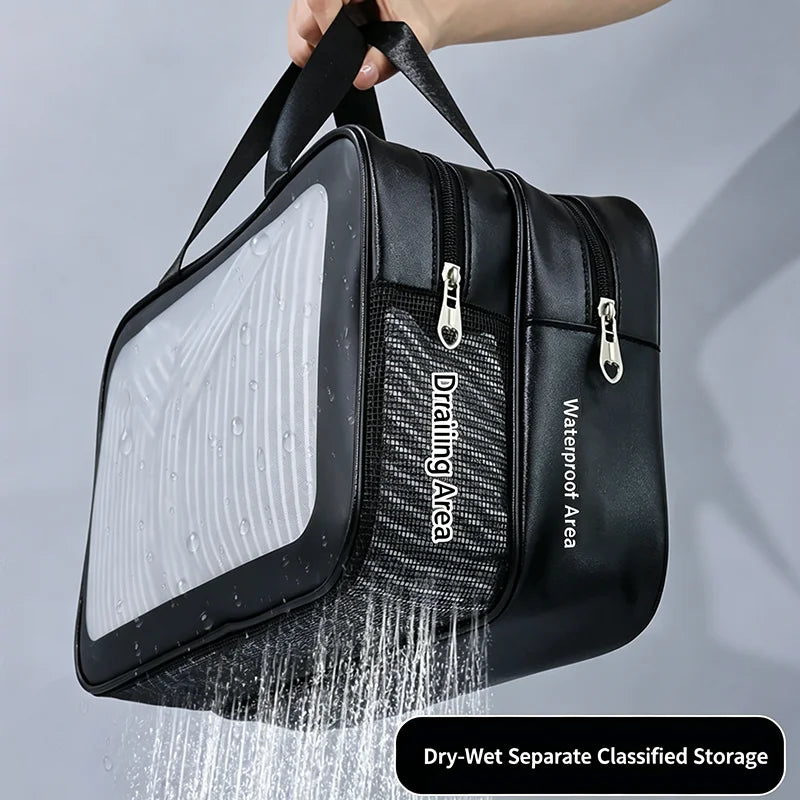 Dry-Wet Separation Double Transparent PU Makeup Bag USA Portable Washing & Cosmetic Storage Bag for Travel, Fitness & Swimming Essentials